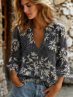 Vintage Bamboo Leaf Print Casual V-neck Long Sleeve Top