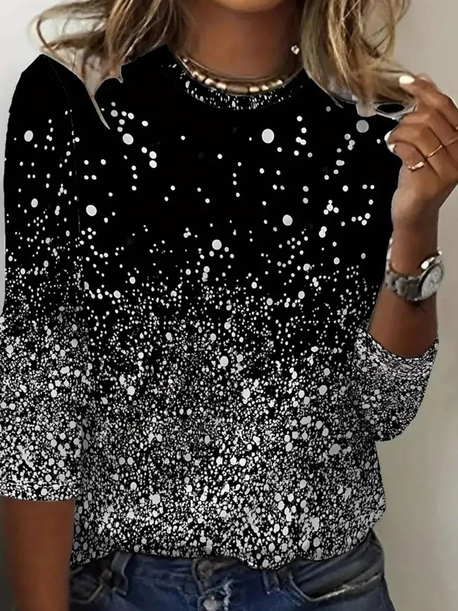 Chic Black Dotted Print Round Neck Long Sleeve Top
