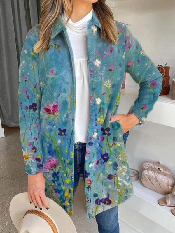 Sky Blue Casual Lapel Long Sleeve Floral Printed Coat