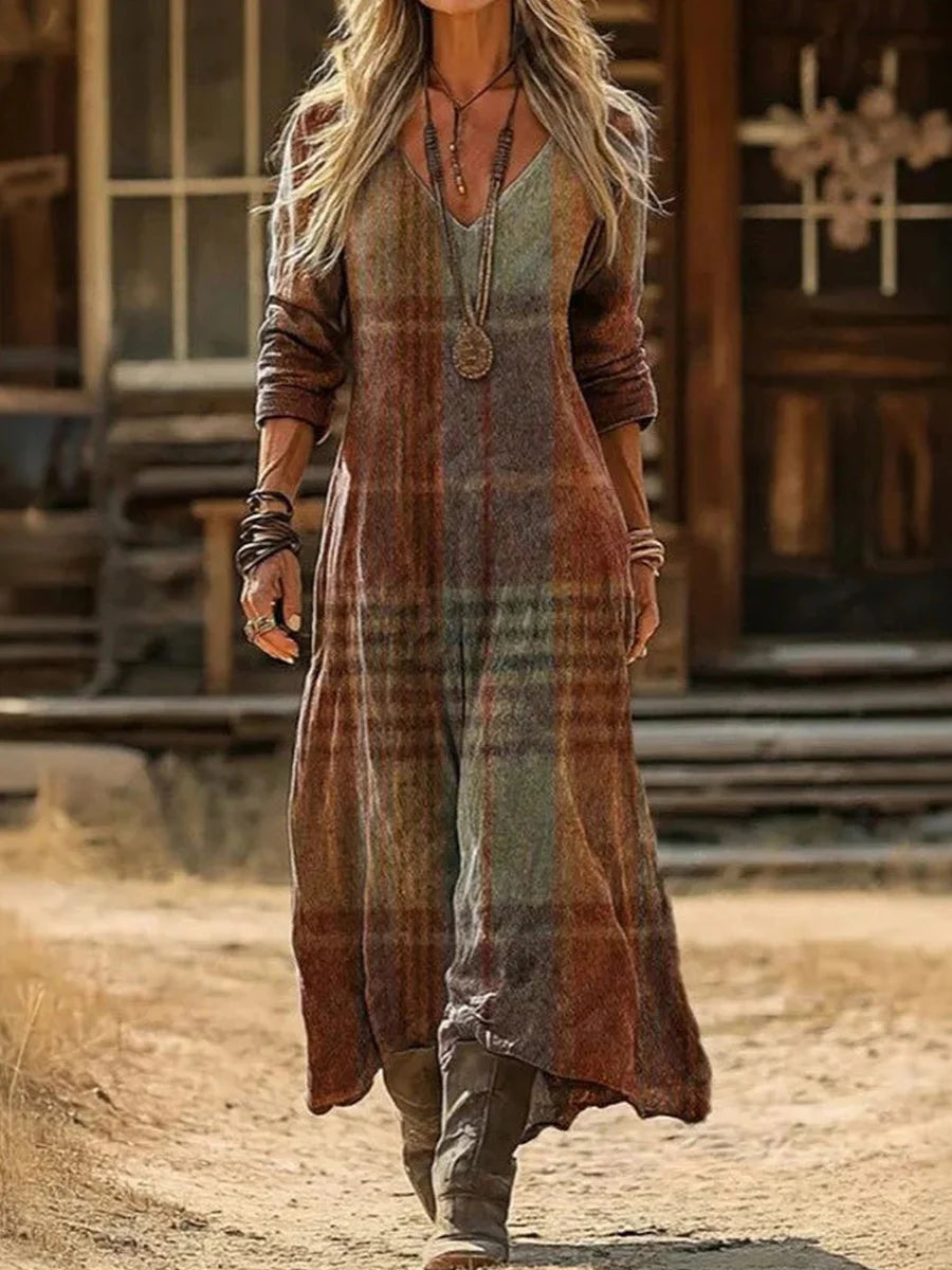 Casual Vintage V-neck Long Sleeve Dress