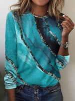 Blue Casual Round Neck Printed Long Sleeve Blouse