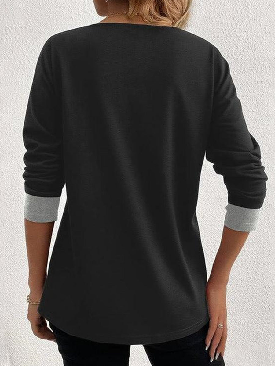 Comfy V-Neck Long Sleeve Color Block Top