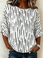 White Brushstroke Print Casual Round Neck 3/4 Sleeve Blouse
