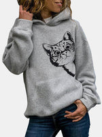 Cat Print Long Sleeve Pocket Casual Hoodie