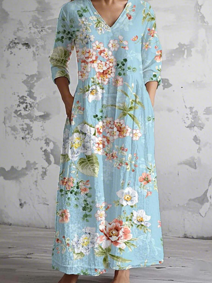 Blue V-Neck 3/4 Sleeve Floral Print Maxi Dress