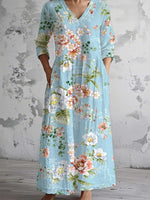 Blue V-Neck 3/4 Sleeve Floral Print Maxi Dress