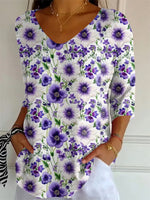 Women's Purple Floral Print Casual V Neck 3/4 Sleeve T-Shirt