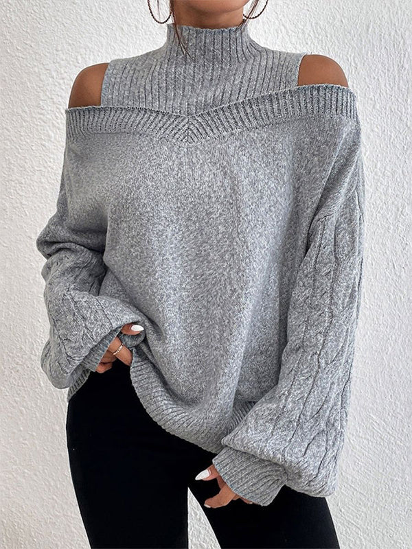 Grey Casual Graphic Tops Off-the-Shoulder Long Sleeve Solid Sweaters
