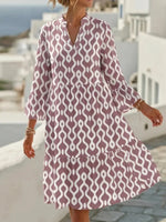 Casual V-neck 3/4 Sleeve Geometric Print Tiered Dress