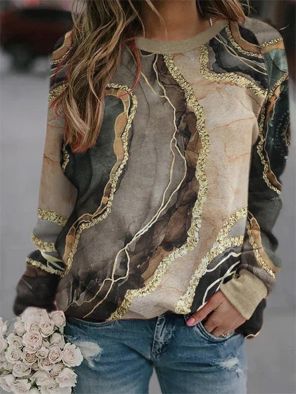 Light Coffee Casual Graphic Tops Round Neck Long Sleeve Marble Printed Sweatshirts