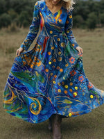 Gorgeous Peacock Feather Print Long Sleeve Maxi Dress