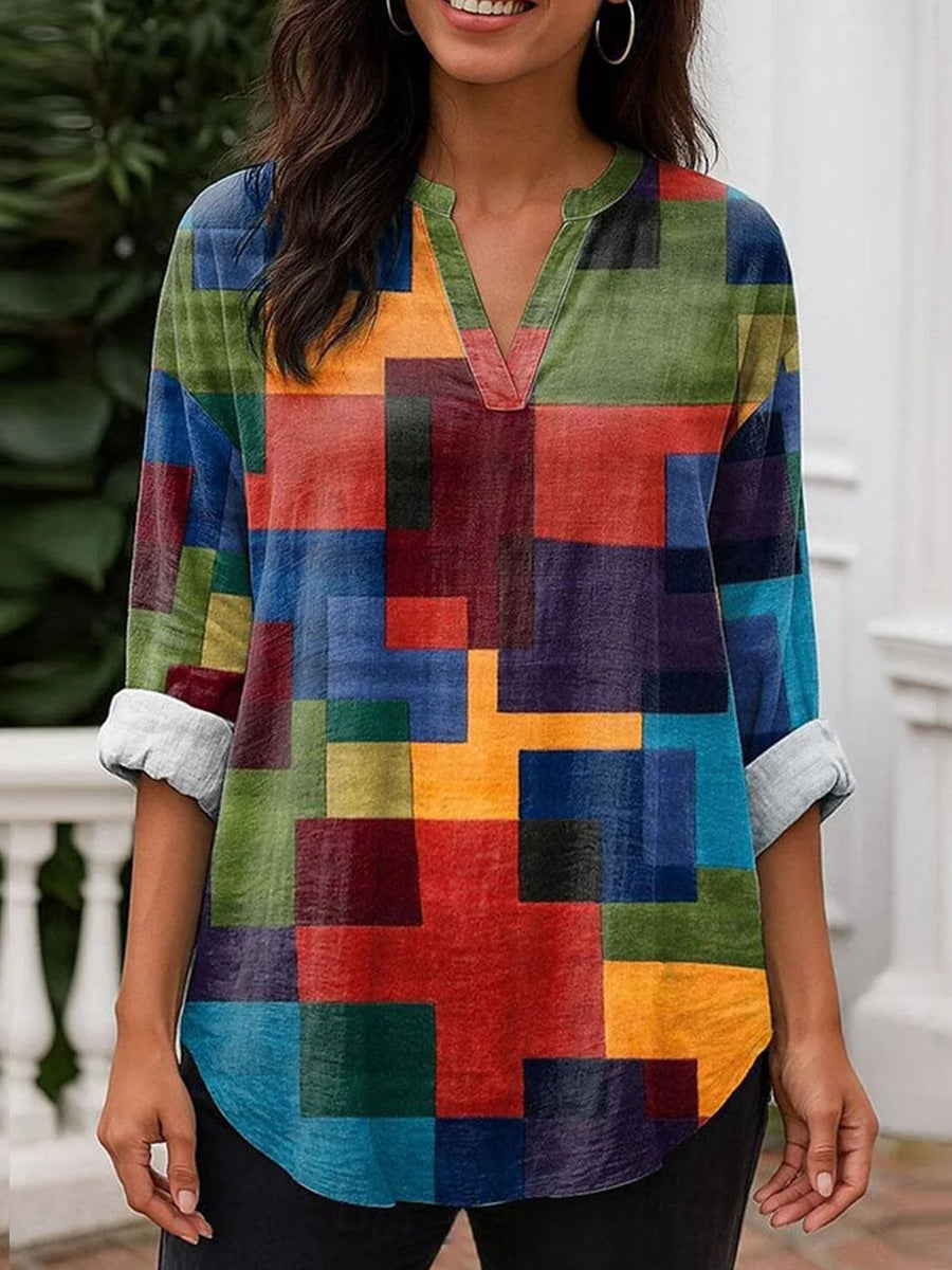 Fresh V-Neck Long Sleeve Color Block Print Top