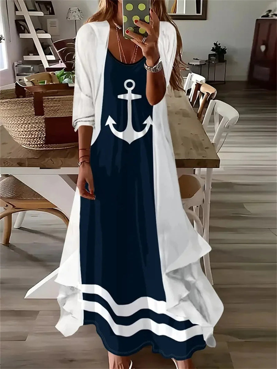Women's Long Sleeve U-neck Graphic Printed Two Pieces Maxi Dress