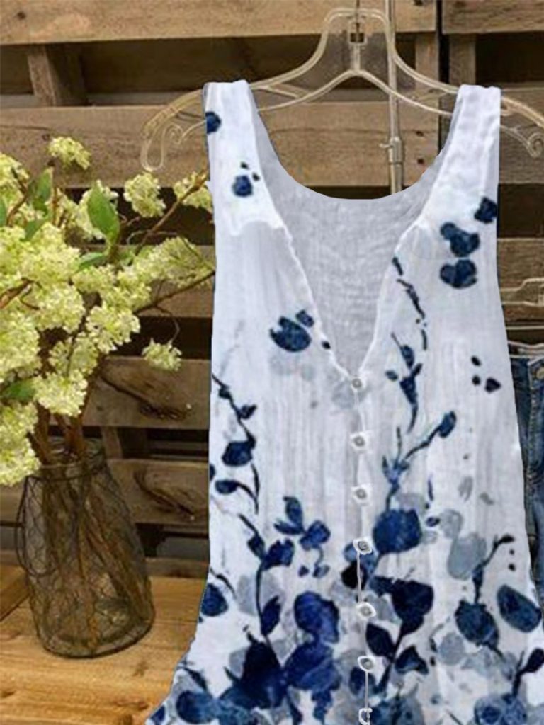 Casual Summer V-neck Floral Print Sleeveless Blouse