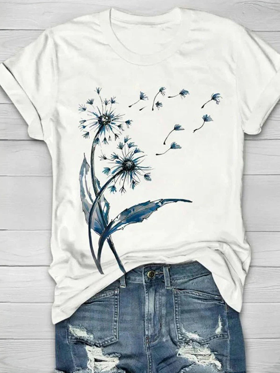 Vintage Dandelion Print Round Neck Short Sleeve T-Shirt