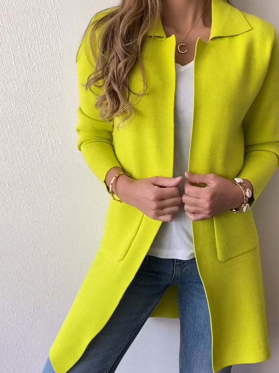 Casual Fluorescent Green Lapel Cardigan