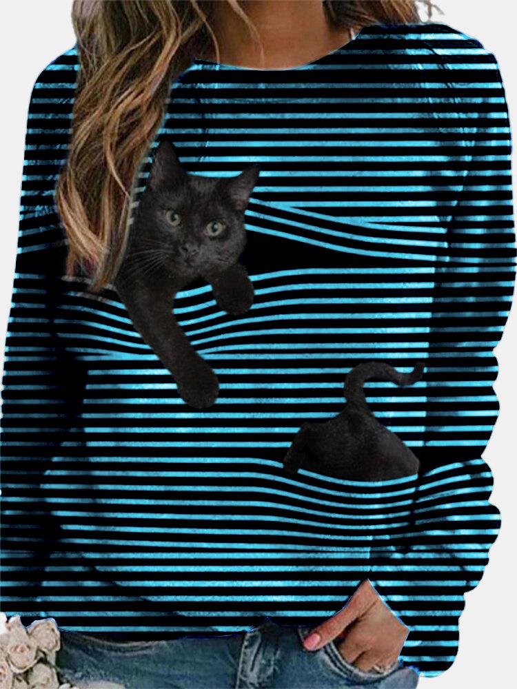 Stripe Cat Printed Round Neck Long Sleeve Casual Sweatshirt