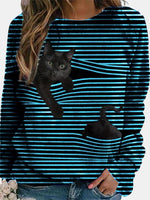 Stripe Cat Printed Round Neck Long Sleeve Casual Sweatshirt