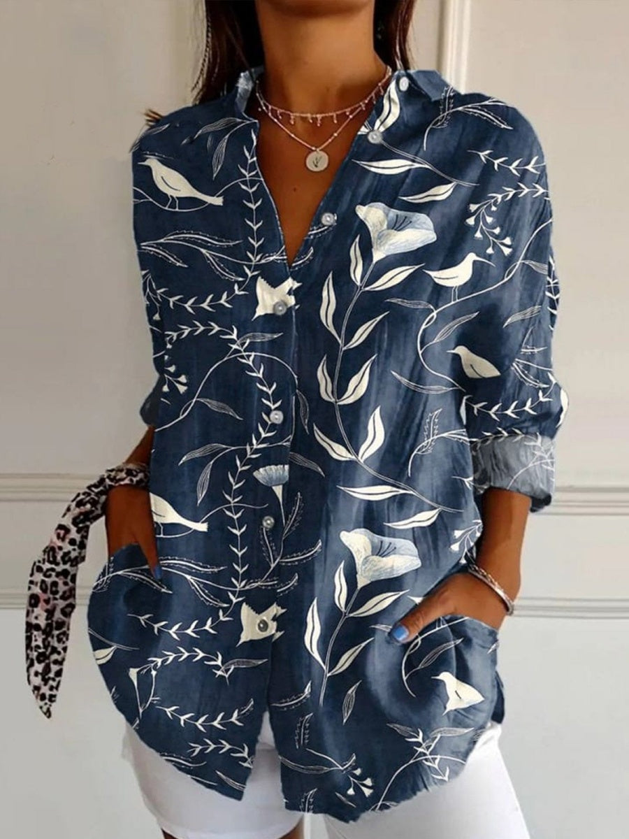 Floral Print Shirt Collar Long Sleeve Loose Shirt