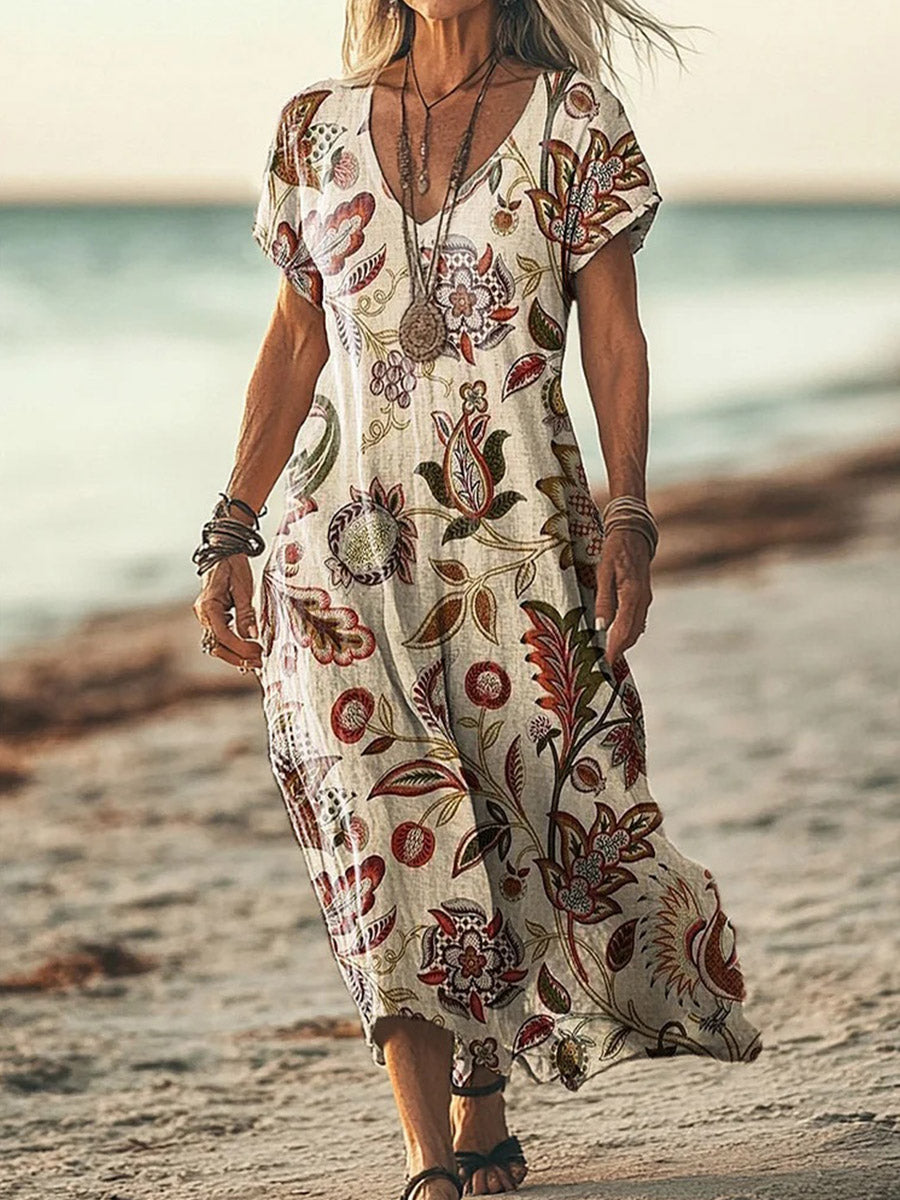 Women's Folk Floral Print V-neck Short Sleeve Dress
