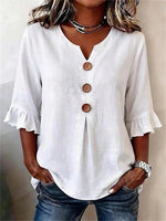 Casual Solid Colour V-neck 3/4 Sleeve Blouse
