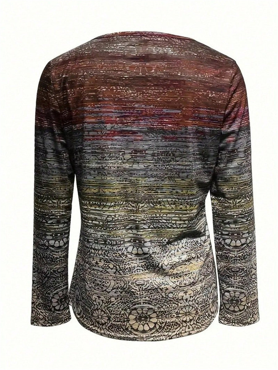 Crew Neck Long Sleeve Geometric Zipper Blouse