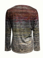 Crew Neck Long Sleeve Geometric Zipper Blouse