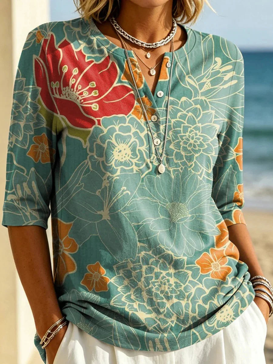 Teal Floral Print Half Sleeve Blouse