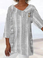 White Striped Asymmetrical Neck 3/4 Sleeves Blouse