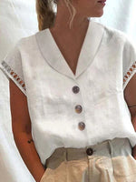 White Casual V Neck Solid Short Sleeve Blouse