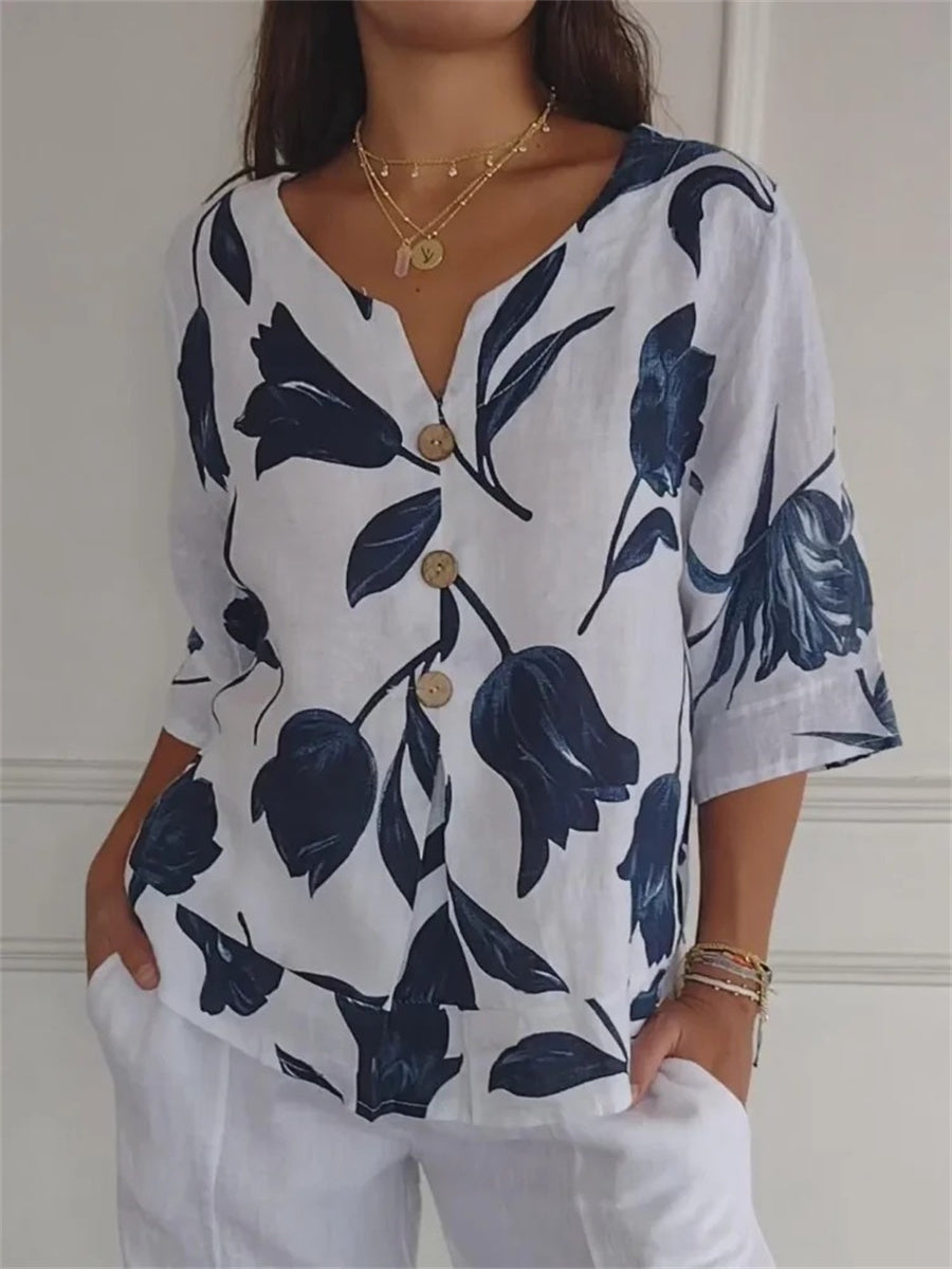 Casual White Floral Buttoned V-Neck Top