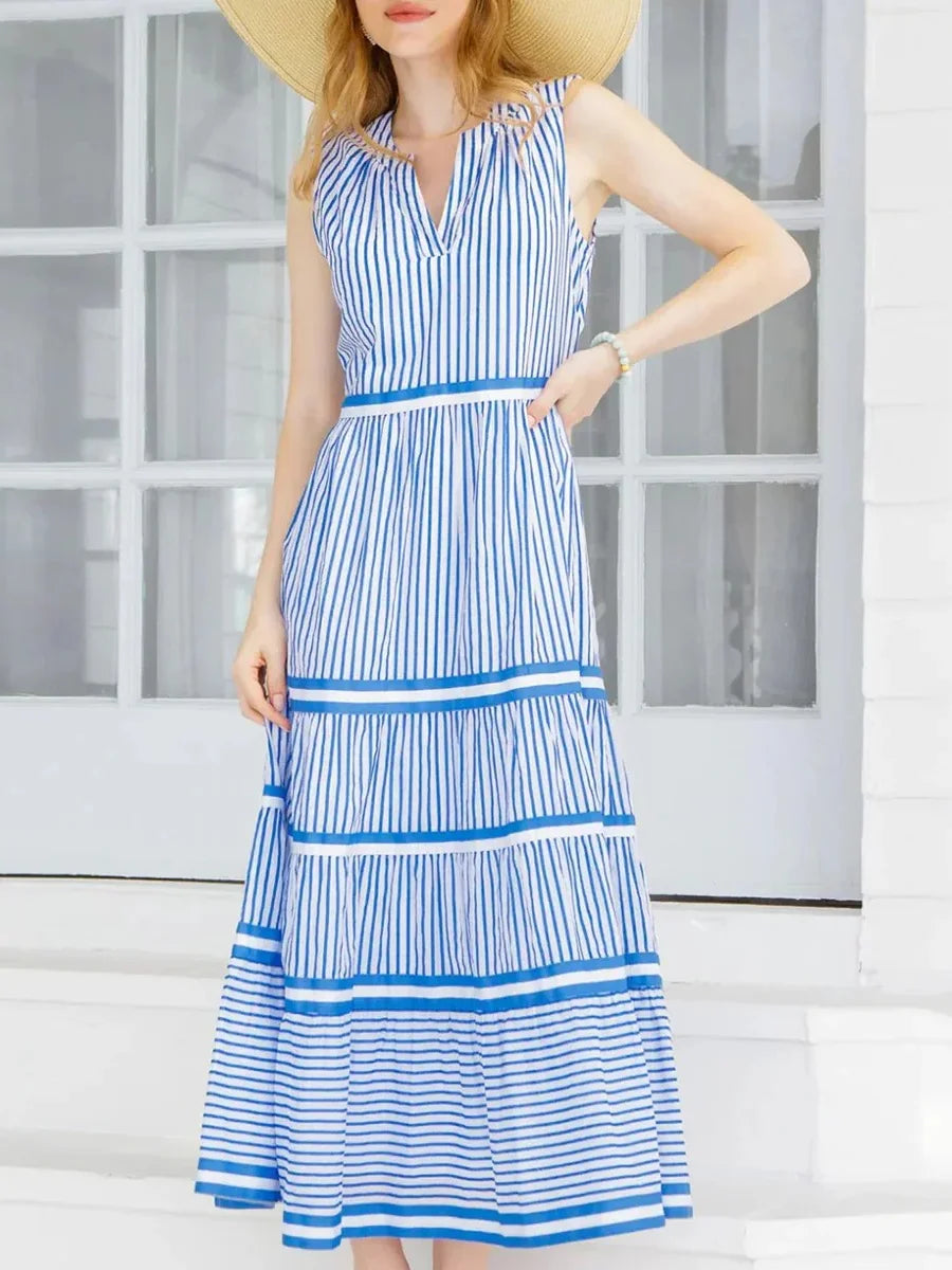 Blue V-neck Sleeveless Stripe Tiered Maxi Dress