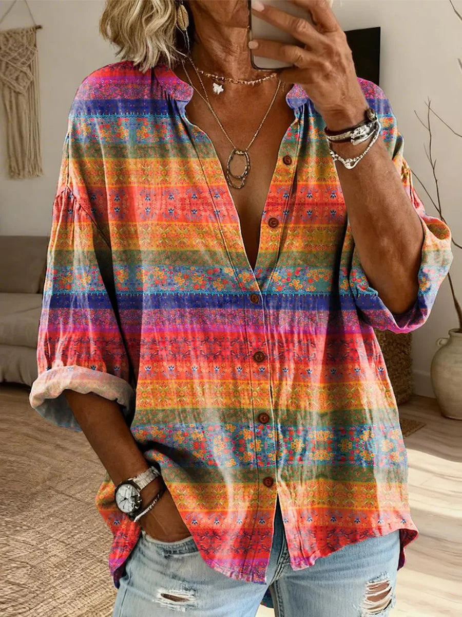 Vibrant Boho Print Long Sleeve Multicolor Shirt