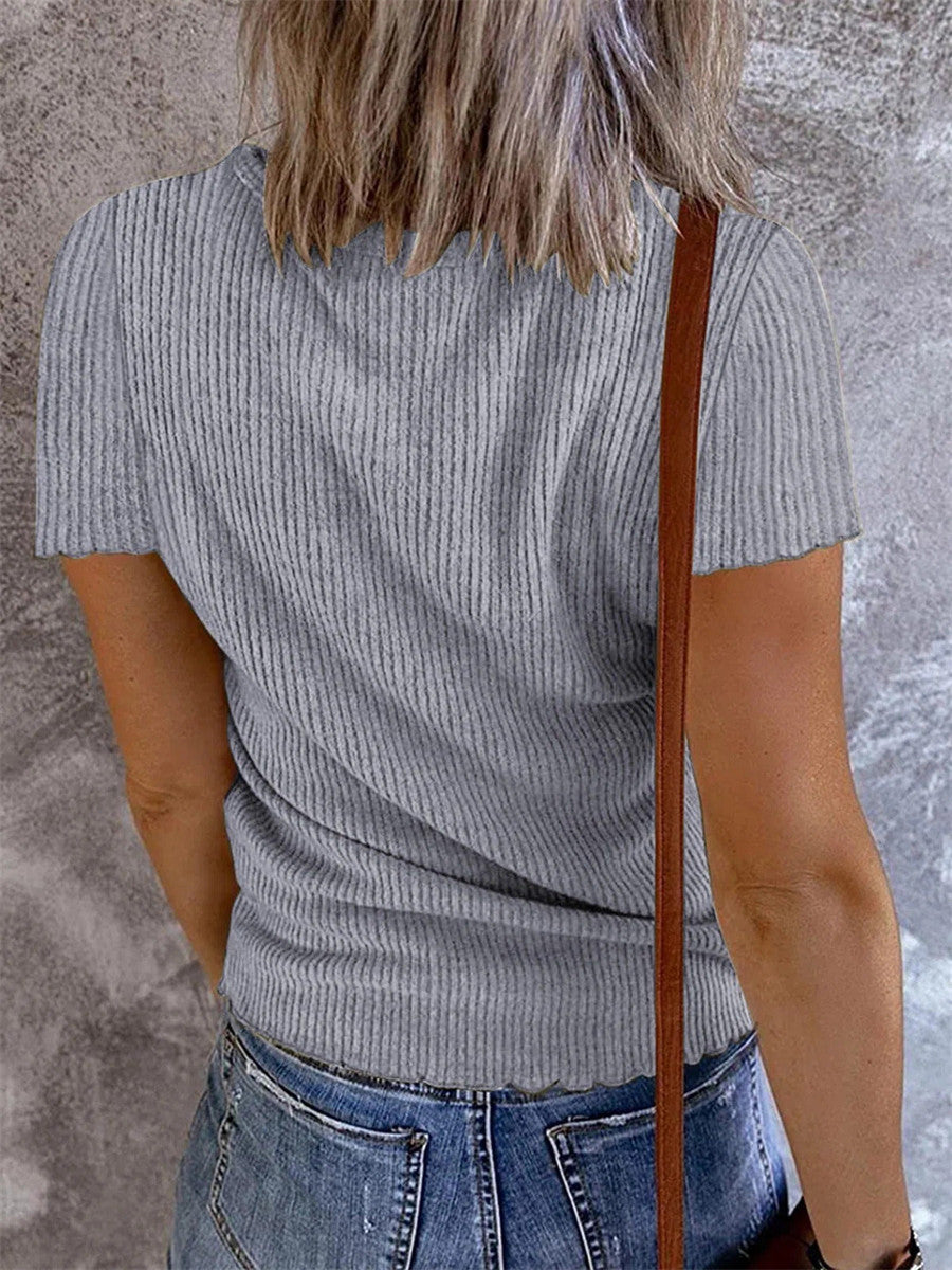 Women¡¯s Ribbed V Neck Henley Short Sleeve Slim Fit Casual Knit Top