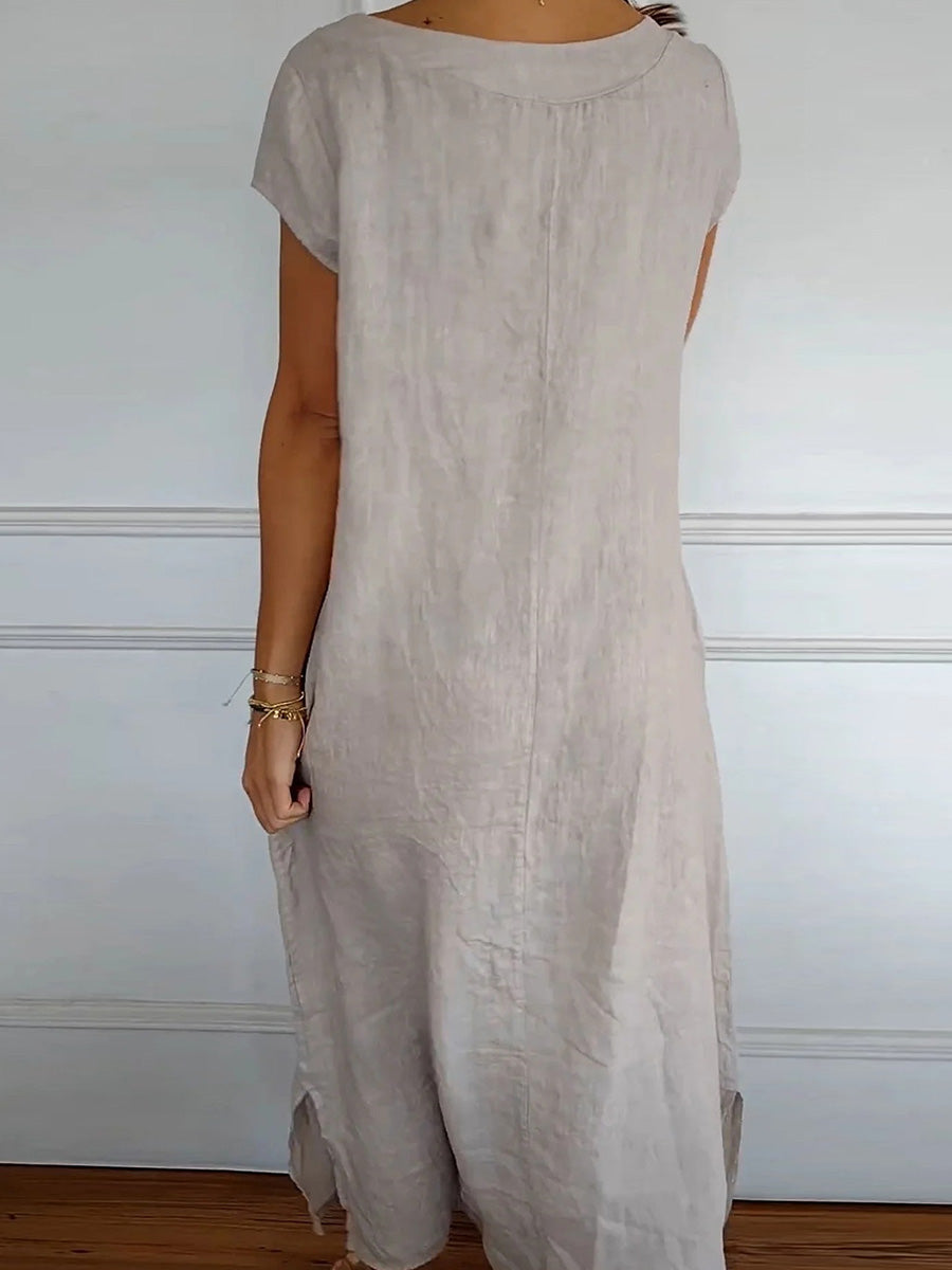 Solid Round Neck Short Sleeve Pocket Dress