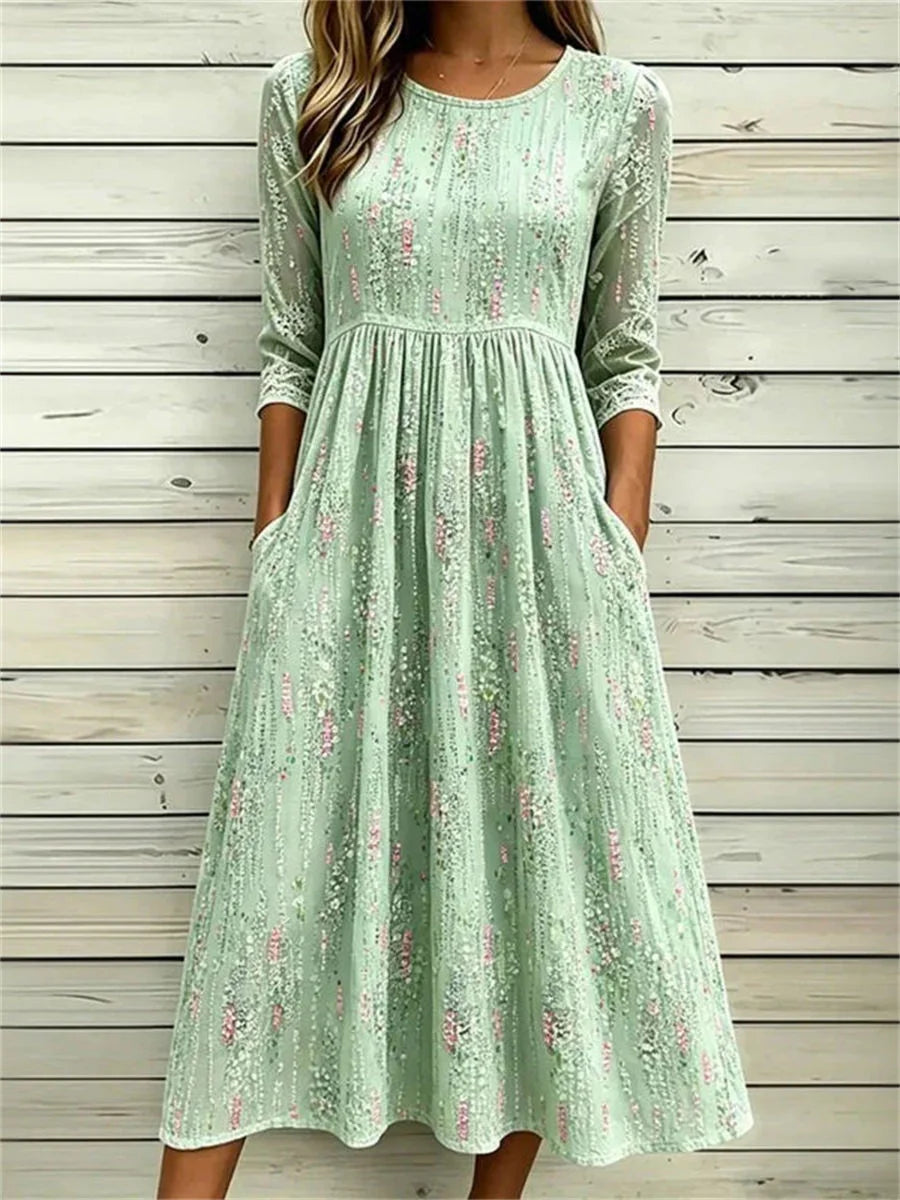 Vintage Floral Print Round Neck 3/4 Sleeve Dress