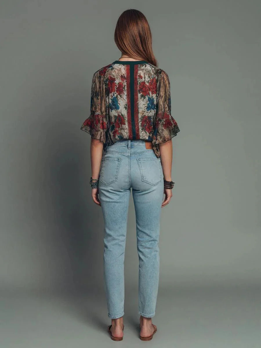 Bohemian Floral V-neck Short Sleeve Chiffon Top