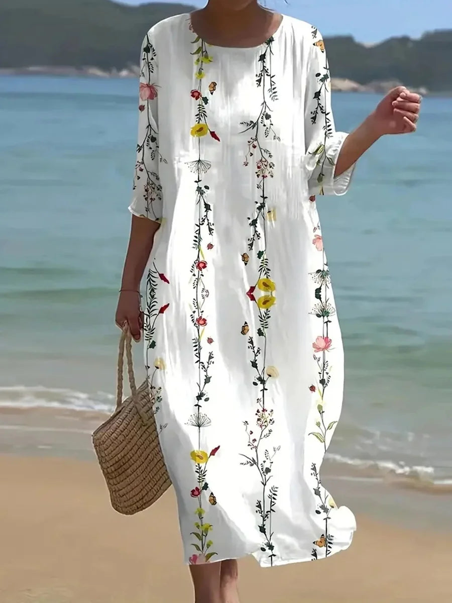 Floral Printed Crew Neck Short Sleeve Comfy Casual Maxi Dress
