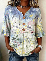 Blue Floral Ruffle 3/4 Sleeve V-Neck Blouse