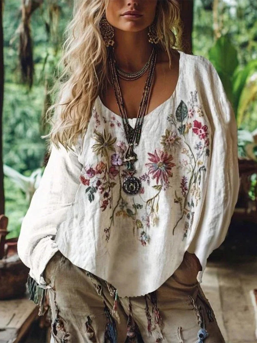 Vintage Floral Print Long Sleeve Blouse