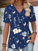 Vintage Floral Print V-neck Short Sleeve T-Shirt