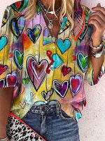 Multicolor Casual Love Pattern Printed Half Sleeve Blouse
