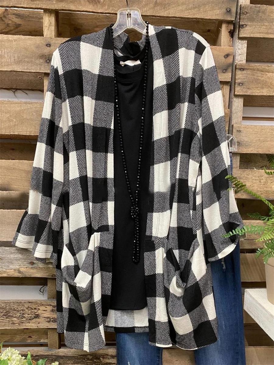 Black Casual Lapel Plaid Long Sleeve Cardigan
