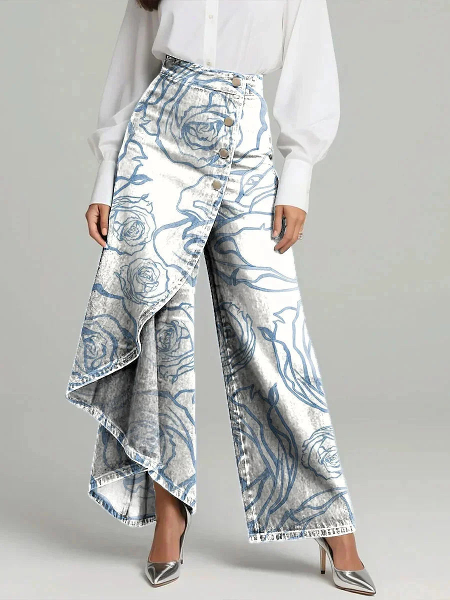 Women's Vintage Flowers Floral Patterns Print High-waisted Relaxed Fit Wide-leg Jeans