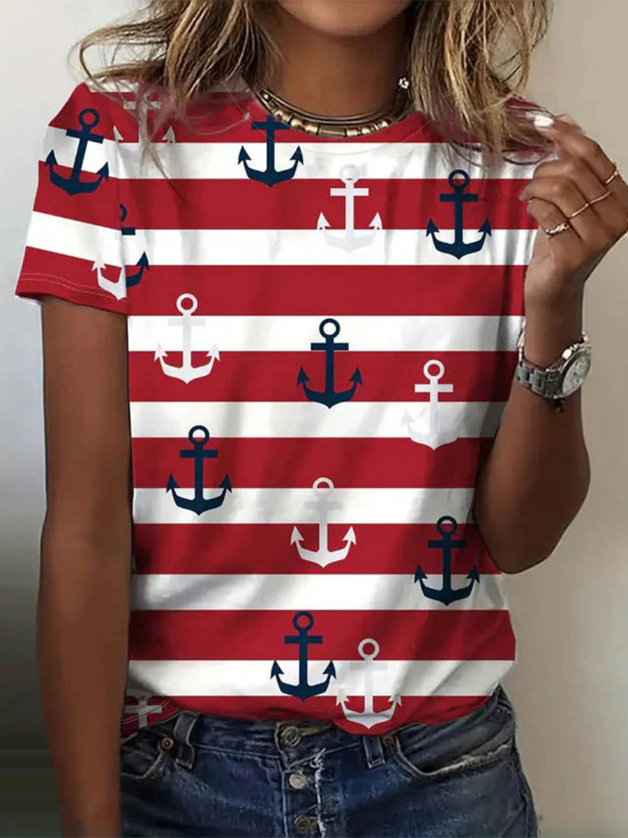 Vintage Striped Round Neck Short Sleeve T-Shirt
