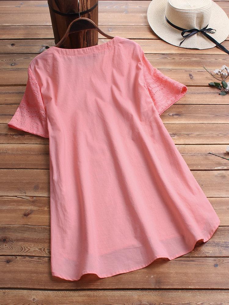 Women's Cotton Eyelet Short Sleeve Button Detail Casual Tunic Top