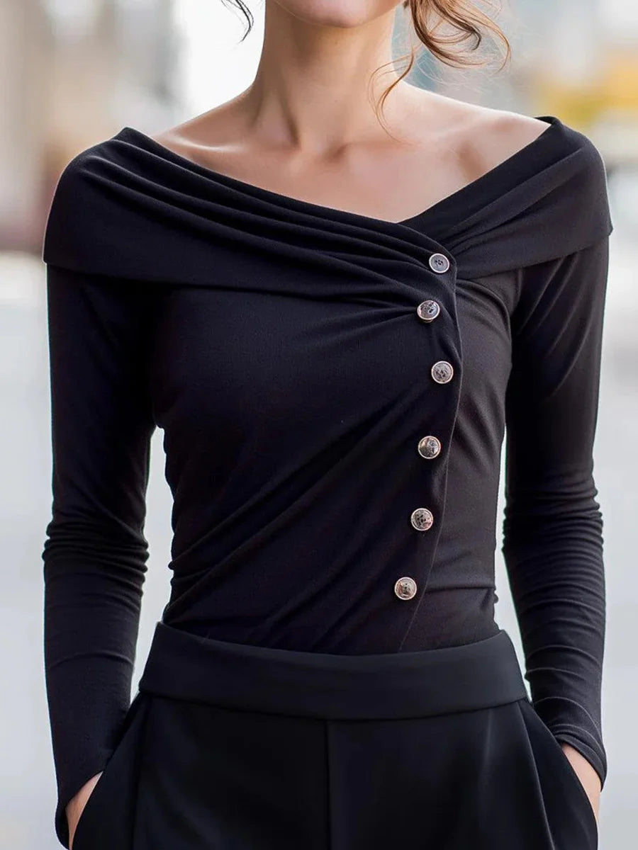 Cool Black Plain Button Front Long Sleeve Top