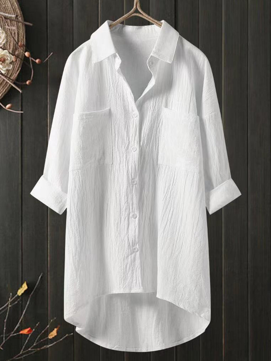 Solid Cotton Linen V Neck Loose Top