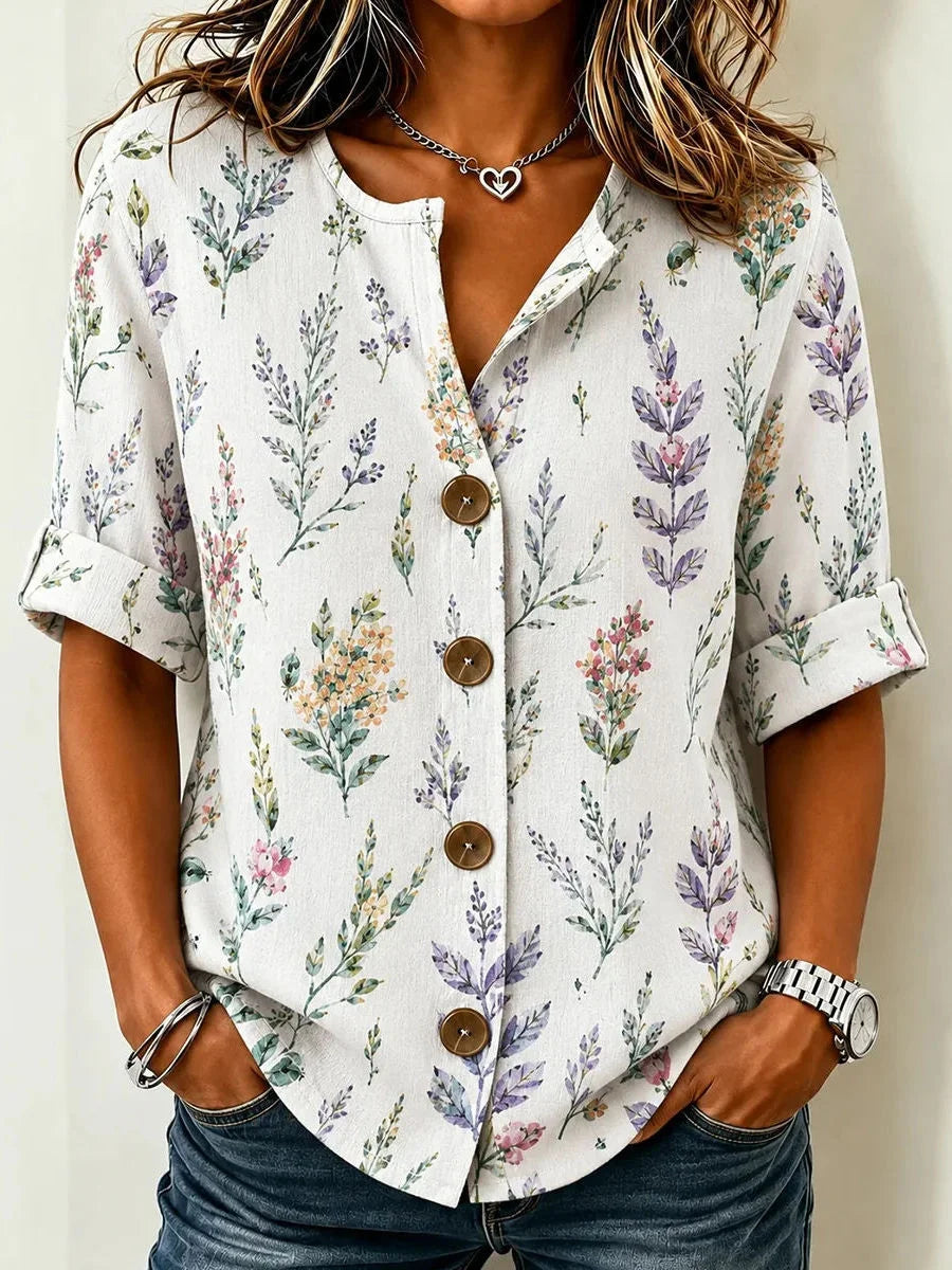 White Wildflower Print Roll Cuff Notch Neck Button Shirt