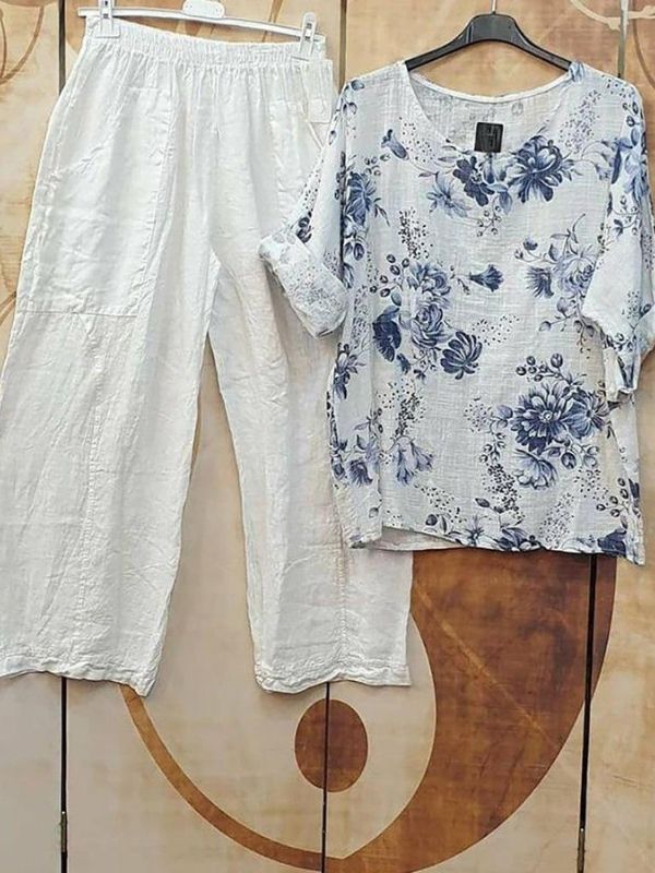 White Casual Round Neck Floral Printed Short Sleeve Outfit Sets